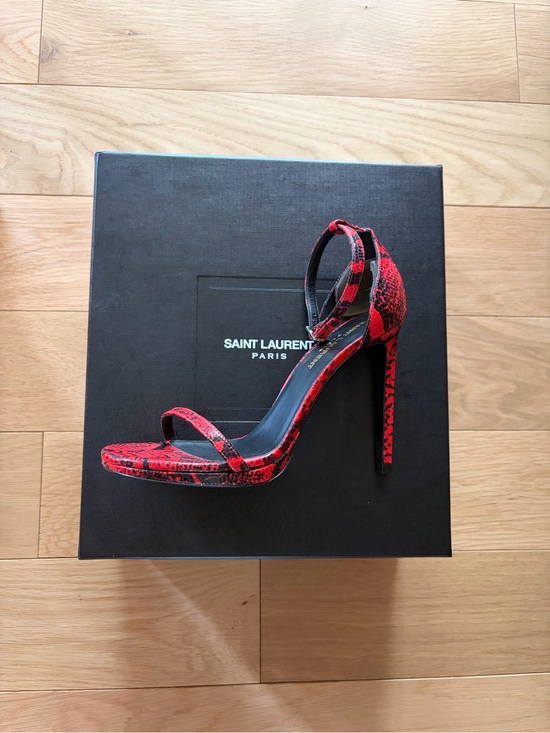 Saint Laurent Shoes - Saint Laurent Red Snake-Print Stiletto Sandals with Ankle Strap